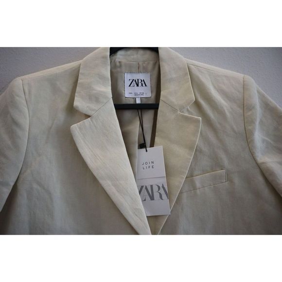 Zara Women's Sz Large Beige Basic Short Sleeved Linen Blend Cropped Blazer - Picture 3 of 7